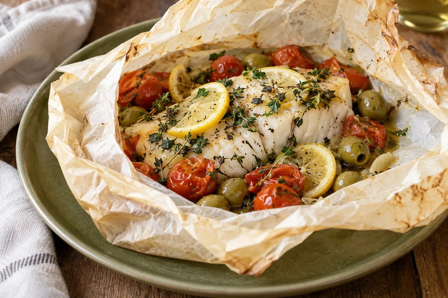 Merluza en papillote con limón y aceitunas