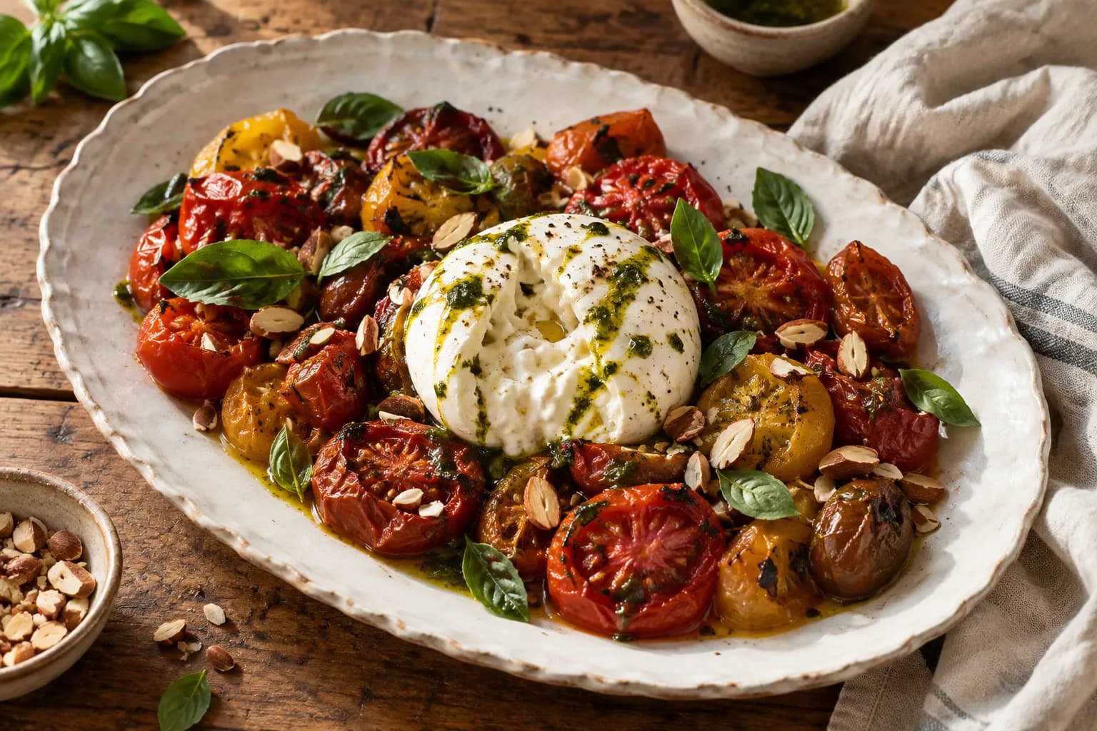 Tomates asados, burrata y almendras